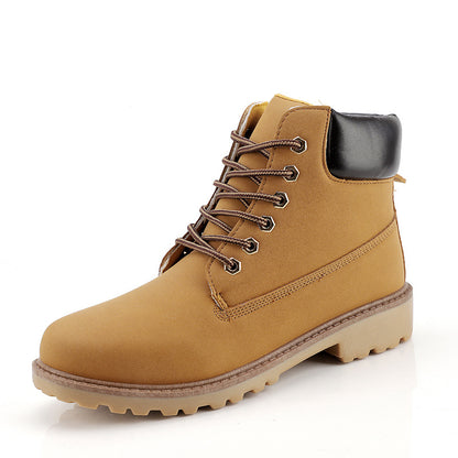 Men's high-top leather boots, tan/yellow lace-up with padded collar and thick tread sole