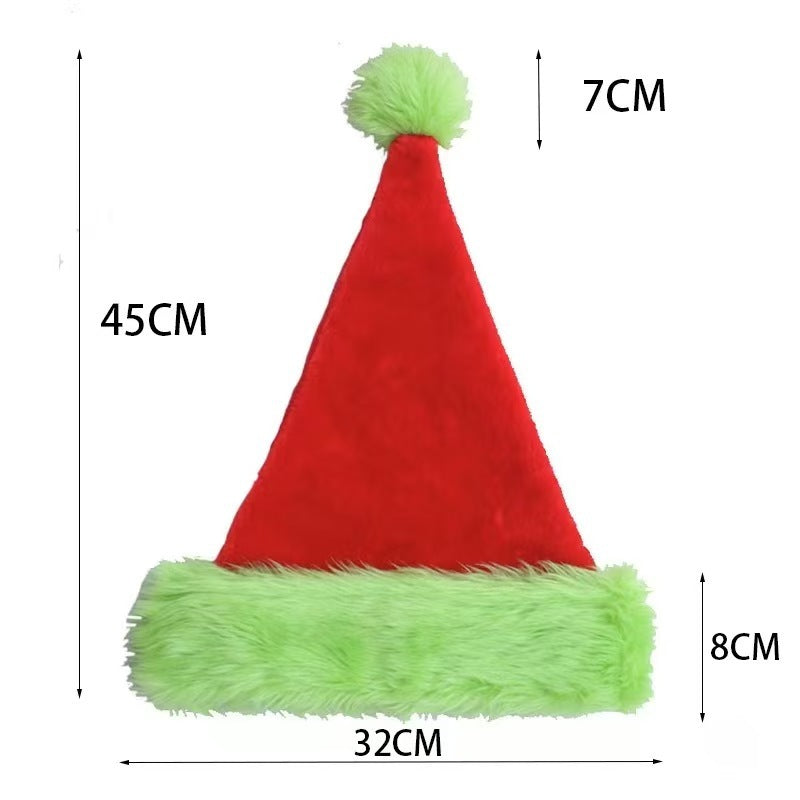 Red Santa hat with green fur trim and measurements on a white background