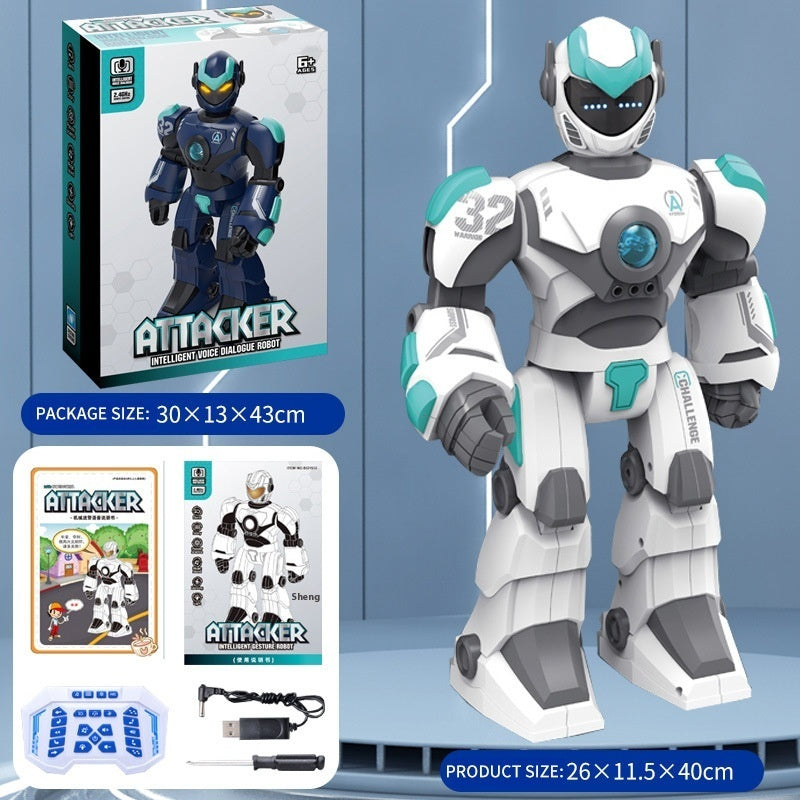 Toy robot with packaging and accessories on a blue background