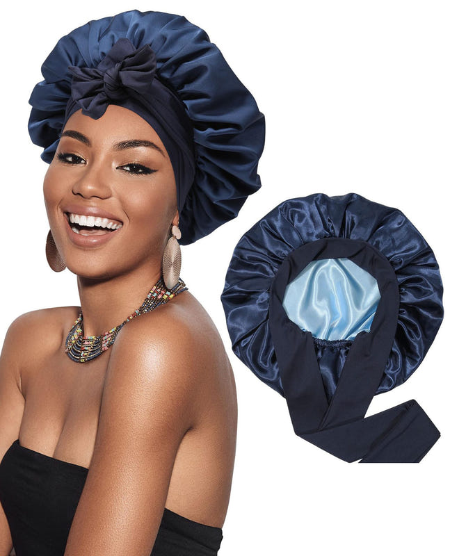 Navy blue satin bonnet cap with ruched double-layer ribbon round crown