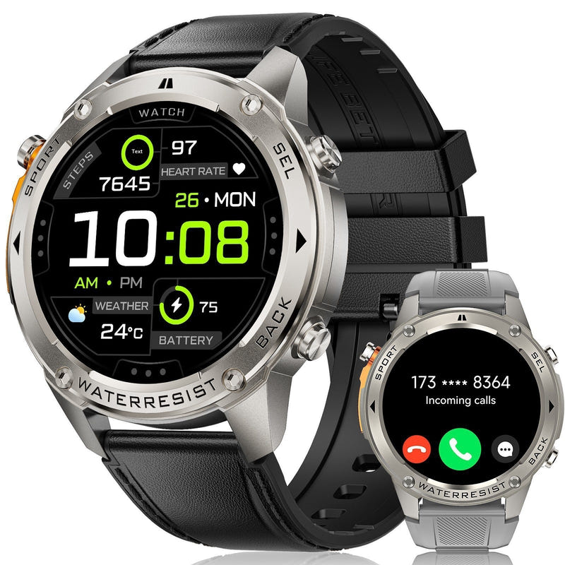 Black smartwatch with black leather-texture strap and large digital time display