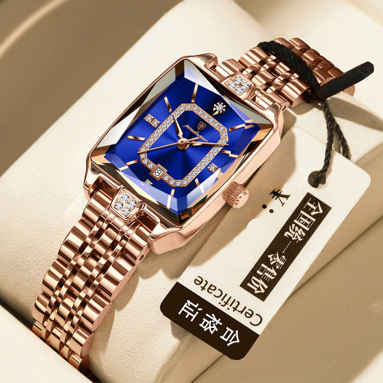 Women's waterproof quartz watch with rose-gold metal bracelet and blue jeweled square dial