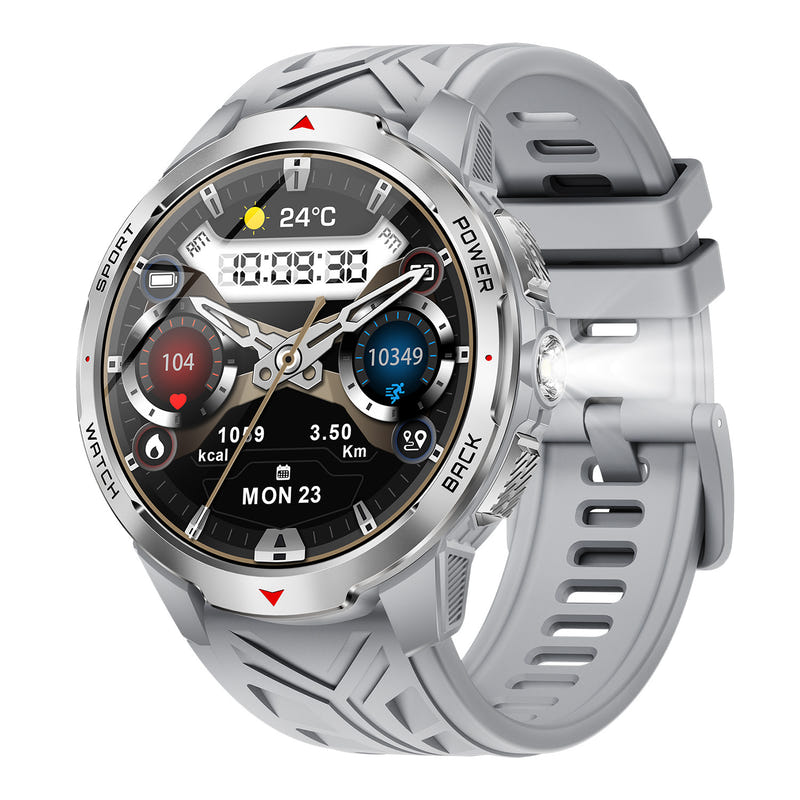 Silver smart watch with round digital face and gray silicone sport band
