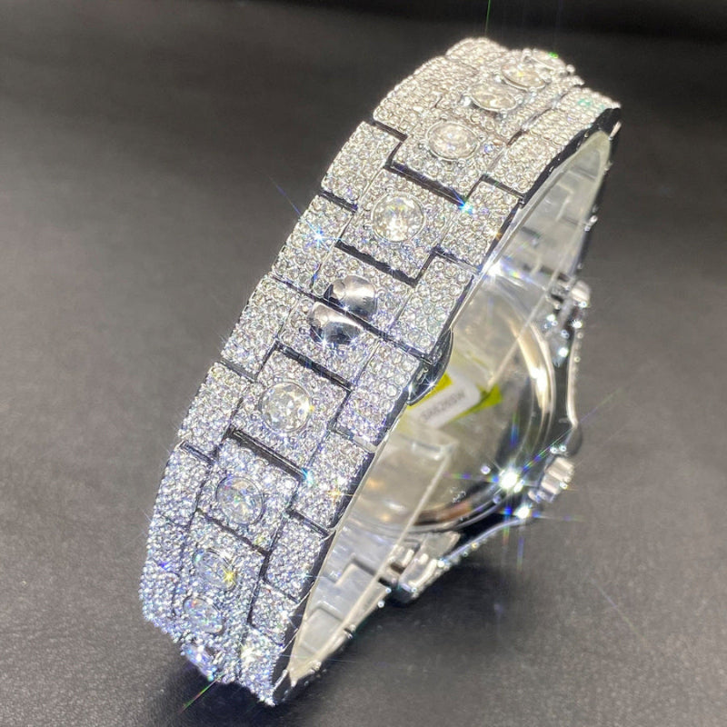 Luxury diamond-encrusted watch on a dark background