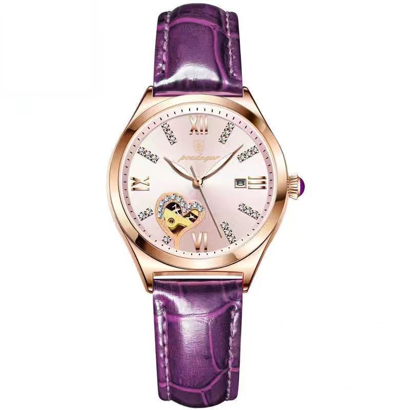 Wristwatch with purple strap and rose gold case on white background