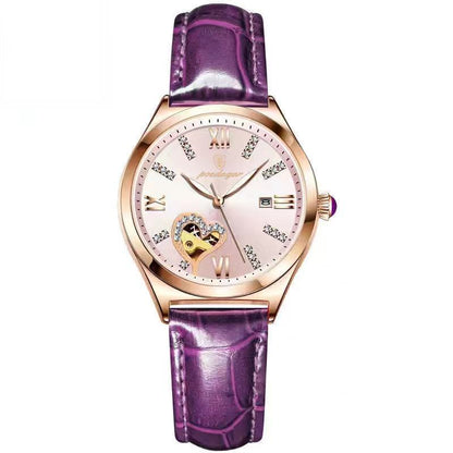 Wristwatch with purple strap and rose gold case on white background