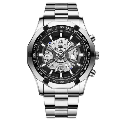 Silver wristwatch with black dial on a white background