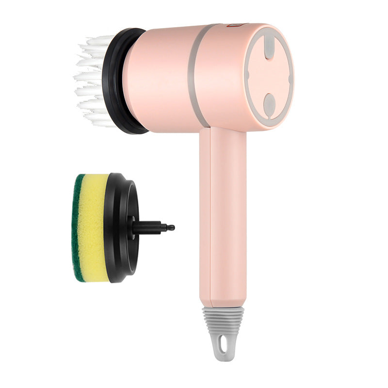 Pink handheld cleaning brush with attachments on a white background