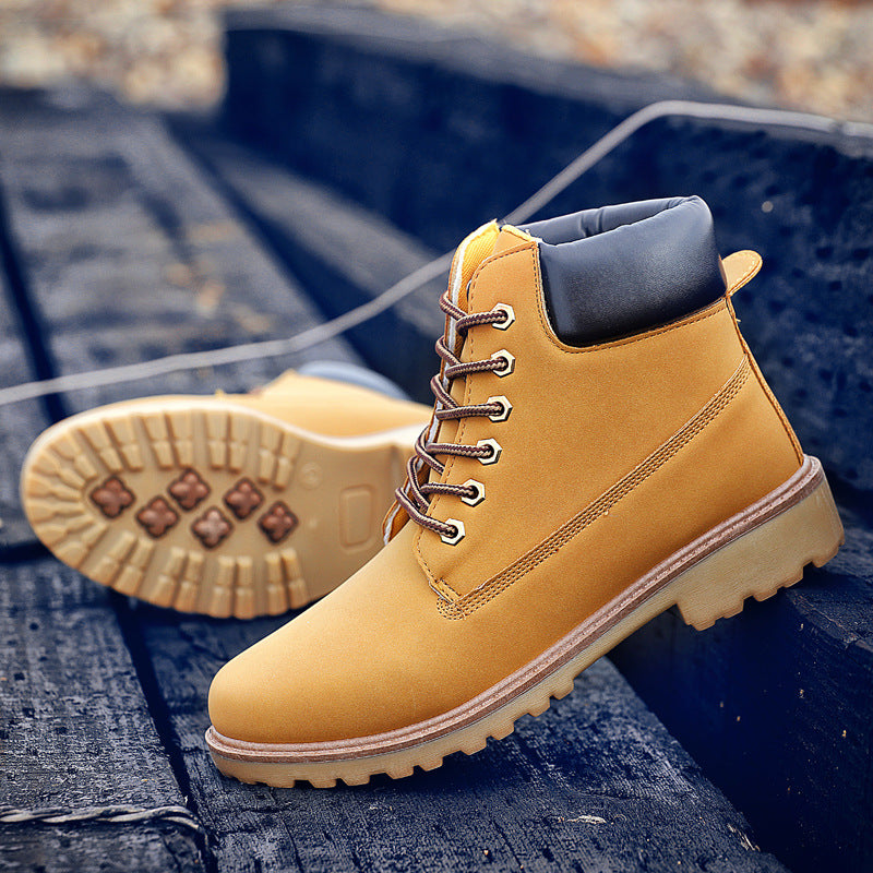 Men's high-top leather boots, tan/yellow color, lace-up upper with visible tread outsole