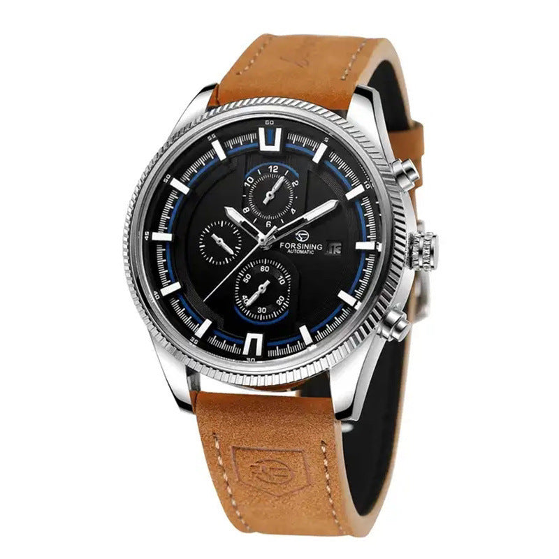 Men's Forsining sports watch with silver case, black dial and tan leather strap, chronograph