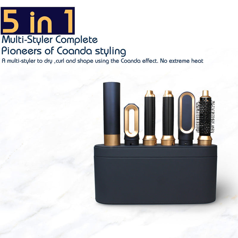 5-in-1 hair styling set with black storage case and gold curling attachments