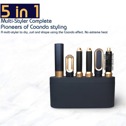 5-in-1 hair styling set with black storage case and gold curling attachments