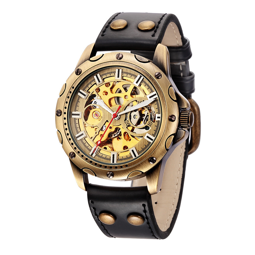 Mechanical watch with gold case and black leather strap on a white background