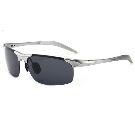 Sports cycling sunglasses with silver frame and dark polarized lenses, UV400