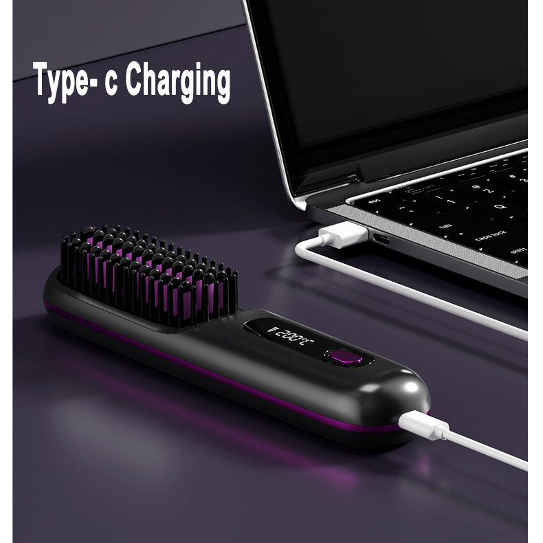 Hairbrush with charging cable connected to a laptop, emphasizing type-c charging.