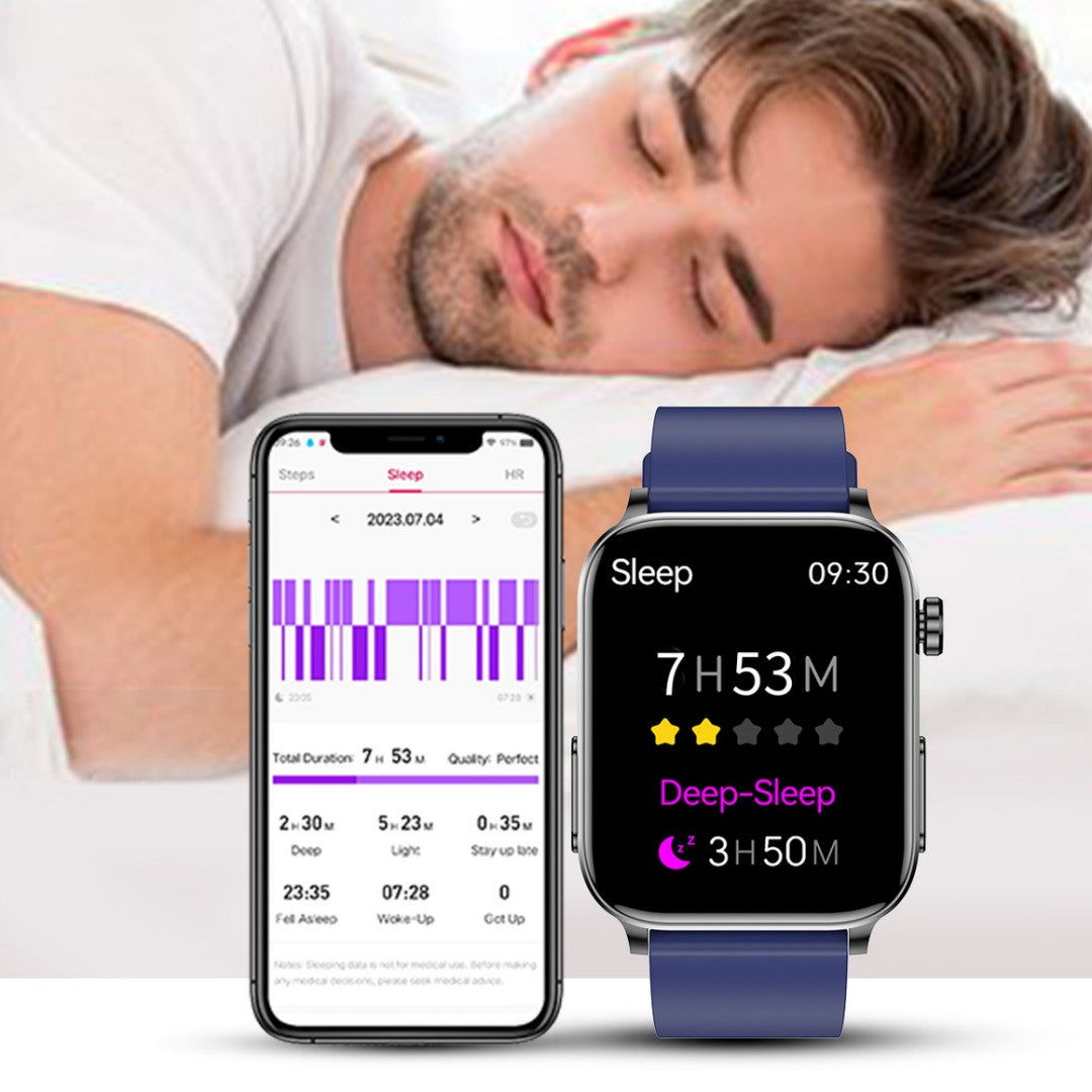 Bluetooth calling smart watch with blue silicone strap, sleep stats on display
