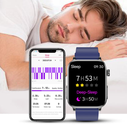 Bluetooth calling smart watch with blue silicone strap, sleep stats on display