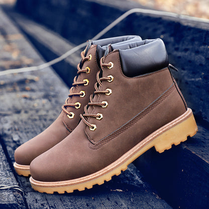 Men's high-top leather boots in dark brown, lace-up design with padded ankle collar