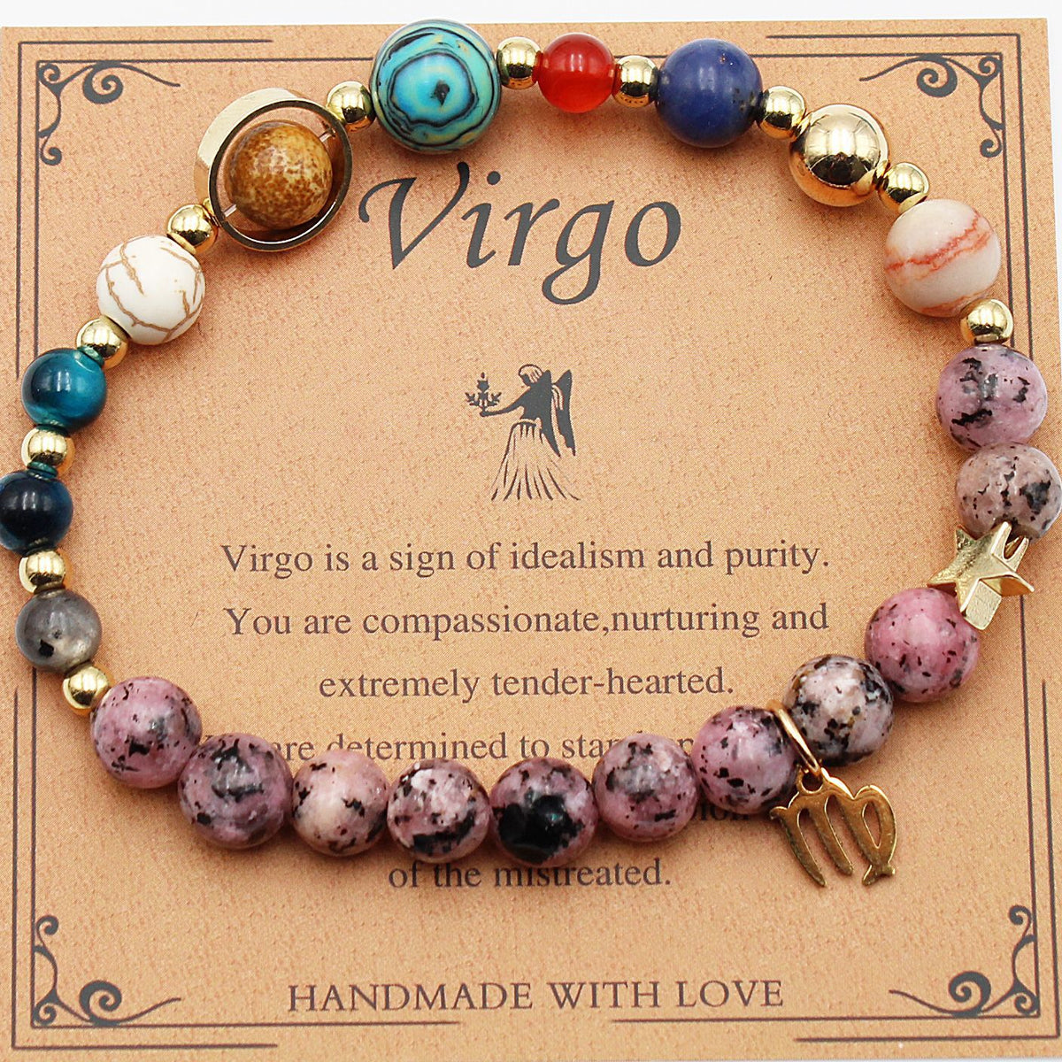 Zodiac bracelet with lilac and teal speckled stone beads, gold-tone spacers, and Virgo charm