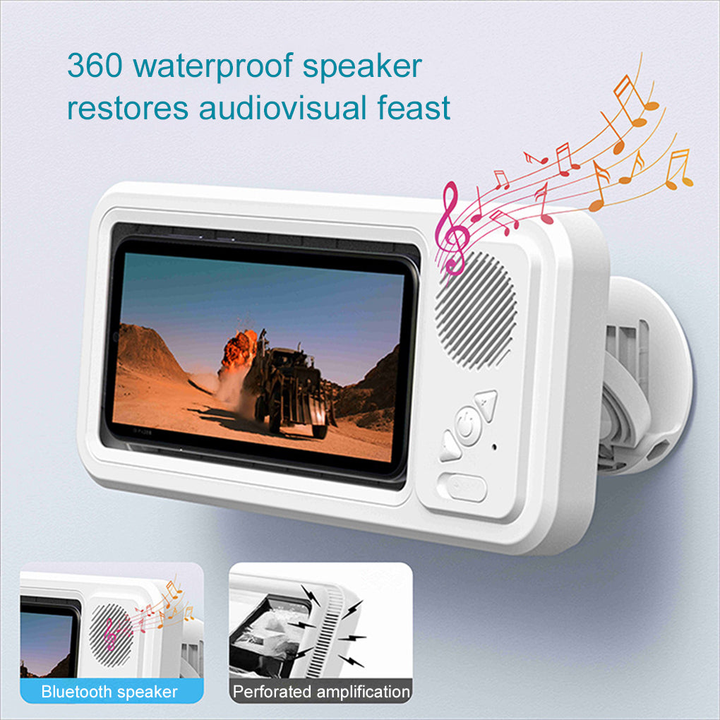 Waterproof phone box with Bluetooth speaker, white housing, front speaker grille and controls