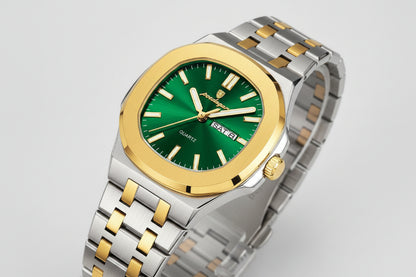 Wristwatch with green dial and gold accents on a beige background