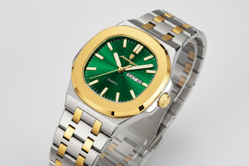 Two-tone stainless steel quartz watch with green dial, gold hands, link bracelet