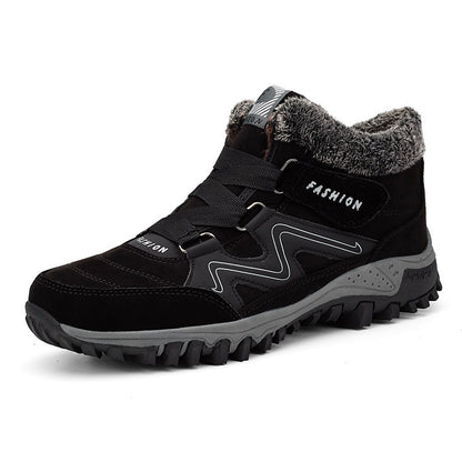 Mid-cut casual sports shoes with thick sole, black high-top with fuzzy collar lining.