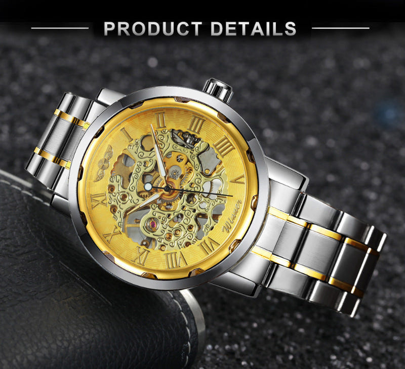 Two-tone stainless steel mechanical wristwatch with gold dial, skeleton movement, and metal link bracelet