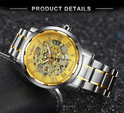 Two-tone stainless steel mechanical wristwatch with gold dial, skeleton movement, and metal link bracelet