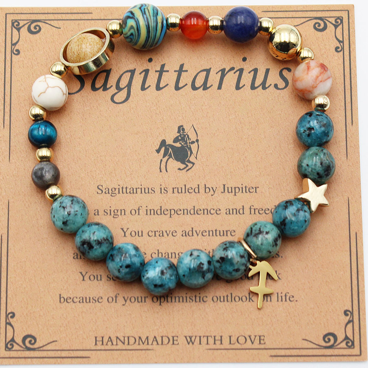 Sagittarius zodiac stone bracelet with blue and orange beads, gold tone accents, star charm