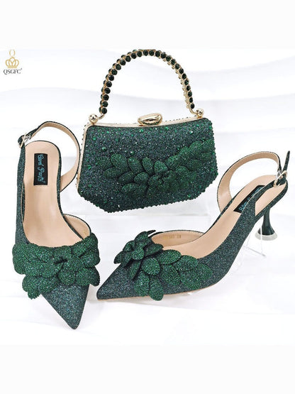 Dark green rhinestone heeled shoes with matching beaded handbag and layered flower bows