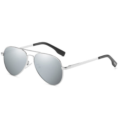 Silver aviator sunglasses with reflective lenses on a white background