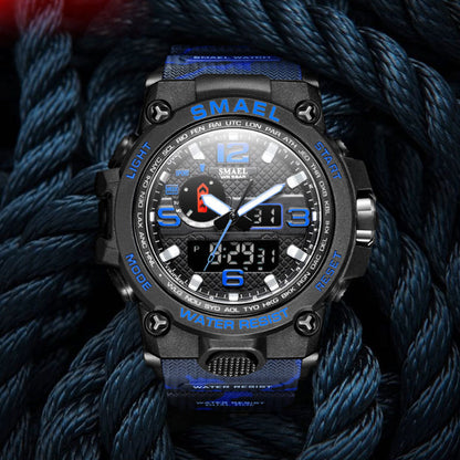 Men's sports alarm watch with black case and blue luminous dial, digital display