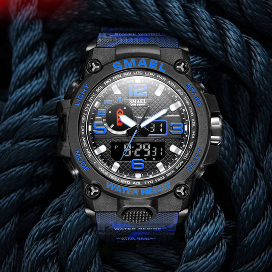 Men's sports alarm watch with black case and blue luminous dial, digital display