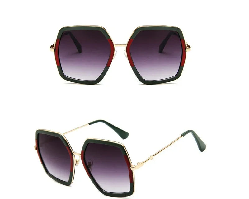 Oversized square fashion sunglasses with dark purple lenses and dark frame accents.