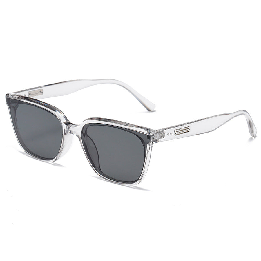 Clear frame sunglasses with dark lenses on a white background