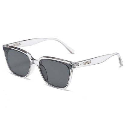 Clear frame sunglasses with dark lenses on a white background