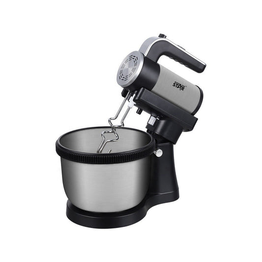 Black stand electric mixer with 4.5L stainless steel bowl and whisk beaters