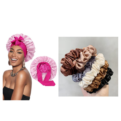 Bright pink satin bonnet cap with gathered double-layer ribbon detail for hair styling