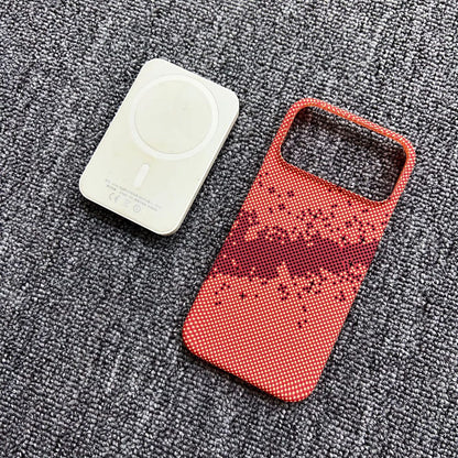 Magnetic iPhone case with red starry dotted back and camera cutout, shown with white magnetic plate