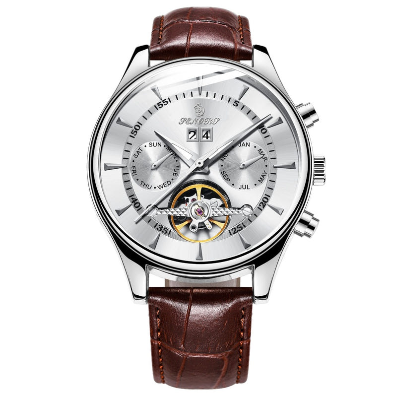 Men's waterproof skeleton mechanical watch with brown leather strap, silver case, white skeleton dial