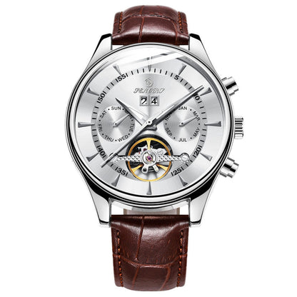 Men's waterproof skeleton mechanical watch with brown leather strap, silver case, white skeleton dial