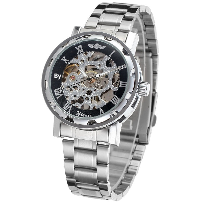 Silver wristwatch with transparent face on a white background