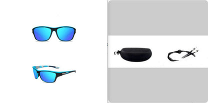 Sunglasses with front and side views displayed on a white background, with case and cleaning cloth included.