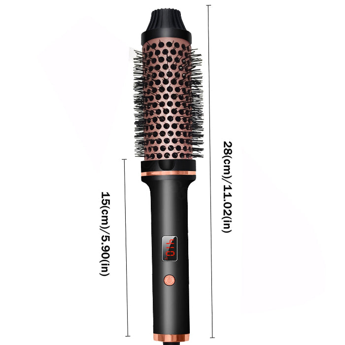 Hair styling tool with bristle brush head and digital display, shown with measurements on a white background.