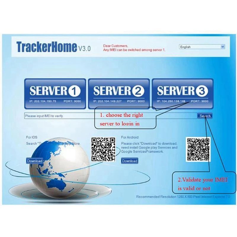 TrackerHome software interface with server options and QR codes on a blue background