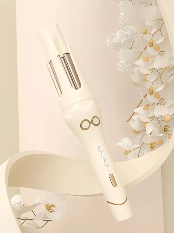 Beige automatic ceramic hair curling iron with rotating barrels and styling indicators