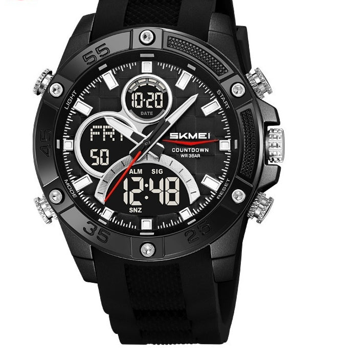 Black SKMEI watch with digital and analog display on a white background