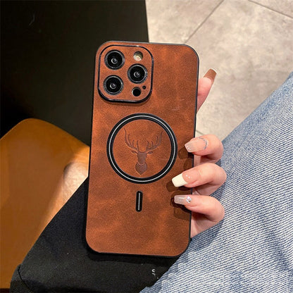 Copper-brown phone case with deer emblem circle, quad camera cutouts, and side slot