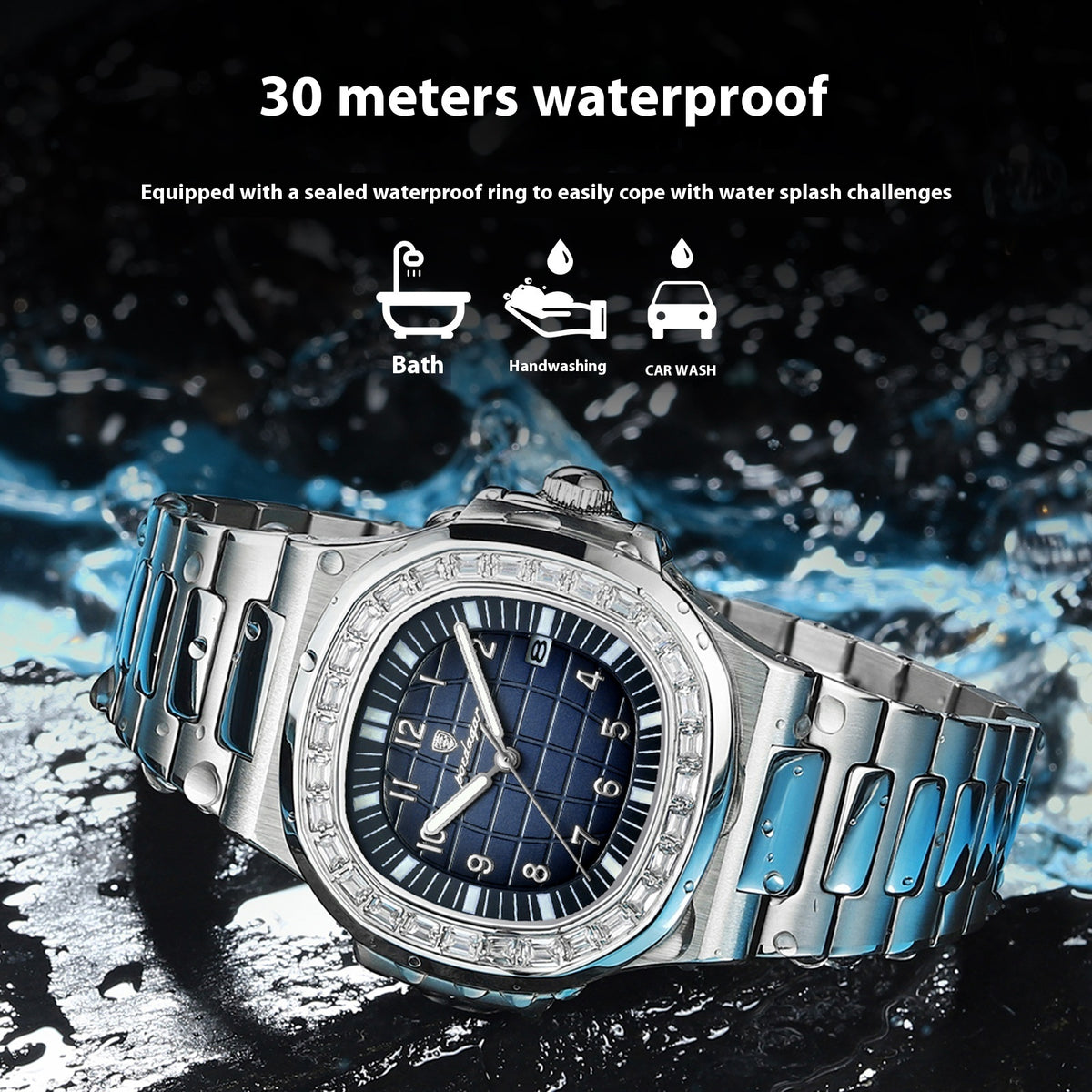 Quartz dress watch with silver metal bracelet and dark blue dial, splashing water